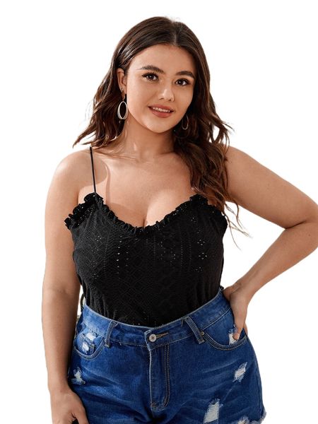 

plus frill trim eyelet embroidery cami t0qh#, Black