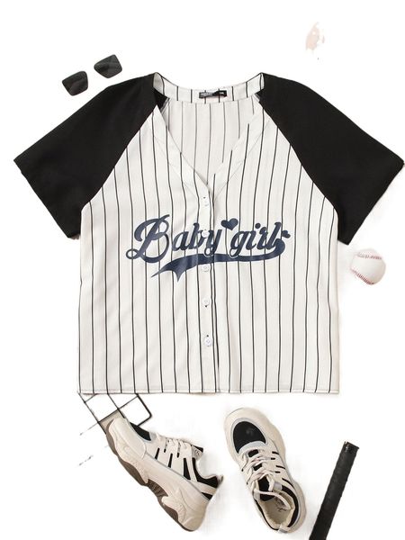 

plus striped & letter graphic raglan sleeve blouse k41j#, Black