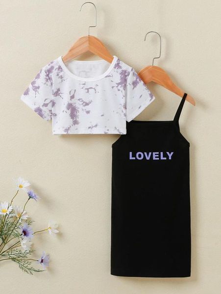 

toddler girls tie dye tee & letter graphic cami dress she, White
