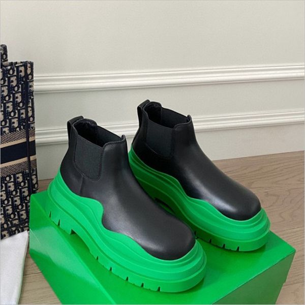 

women men designer boots genuine leather ankle high chaelsea boot fashion non-slip wave colored rubber outsole elastic webbing comfort marti, Black