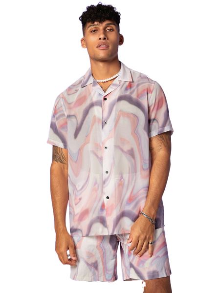 

men marble print shirt & drawstring waist shorts w6oy#, Gray