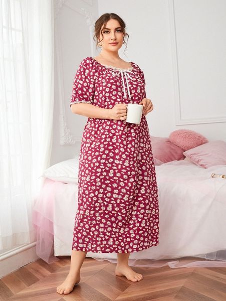 

plus lace trim tie front daisy floral nightdress k0zt#, Black;white