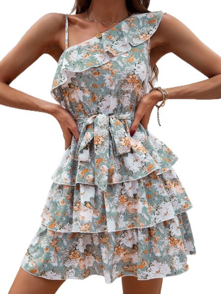 

floral print asymmetrical neck layered hem belted dress l4gv#, Black;gray