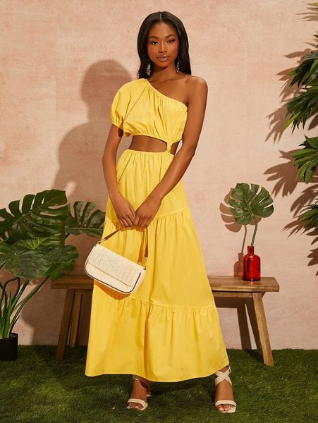 

newness cut out waist one shoulder dress 02b9#, Black;gray