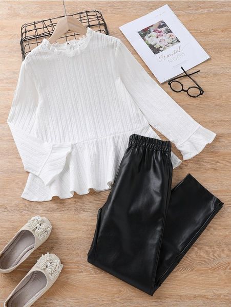 

girls flounce sleeve ruffle hem & pu leather pants she, White