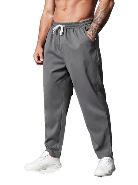 

extended sizes men drawstring waist slant pocket pants j7a9#, Black