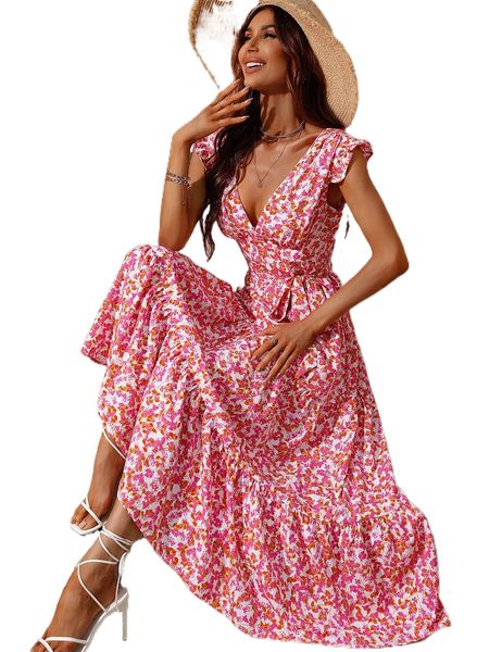 

allover floral print ruffle hem belted dress c3d8#, Black;gray