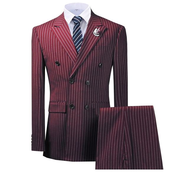 

double breasted peak tuxedos lapel stripes burgundy blazer two pieces mens suit with pants formal navy jacket for wedding groom, Black;gray