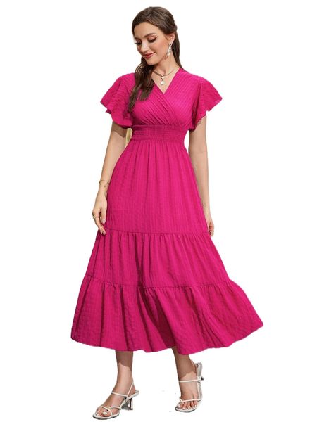 

butterfly sleeve shirred ruffle hem dress j3sj#, Black;gray