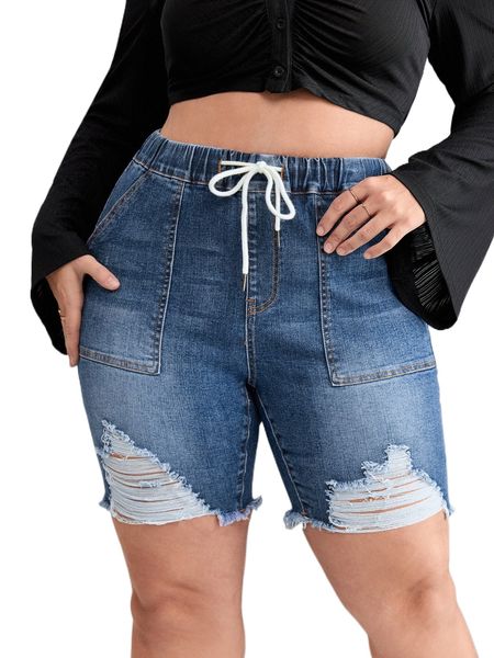 

plus drawstring waist ripped raw hem denim shorts 40cb#, White;black