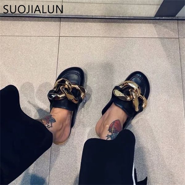 

suojialun brand design gold chain women slipper closed toe slip on mules shoes round toe low heels casual slides flip flop 220429, Black