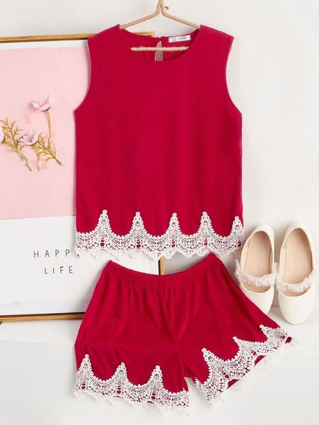 

girls' back keyhole vest and stitched water-soluble lace shorts she, White
