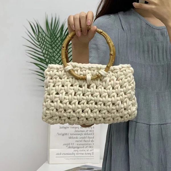

handmade cotton knitted handbag womens bamboo ring ladies underarm bag summer leisure bohemian beach bag woman