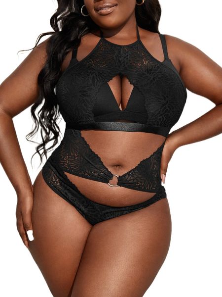 

plus floral lace cut out o-ring halter teddy bodysuit r2vd#, Black;white