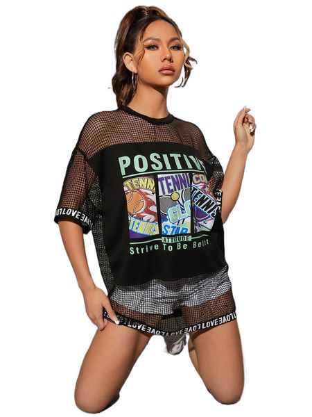 

slogan graphic fishnet insert letter tape panel drop shoulder tee n6ye#, White
