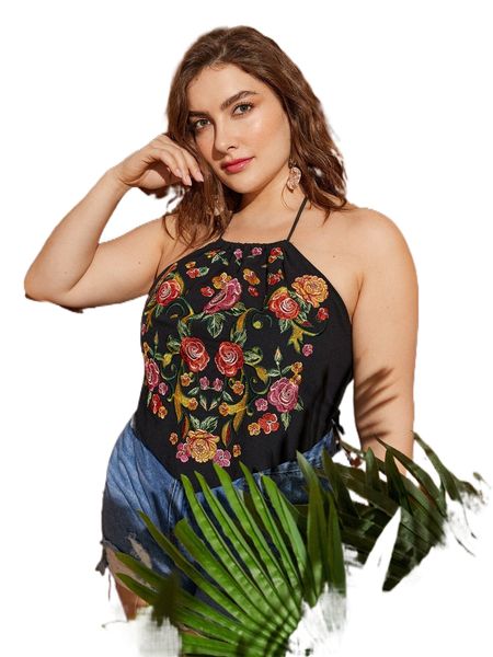 

plus floral embroidery halter q4q7#, Black