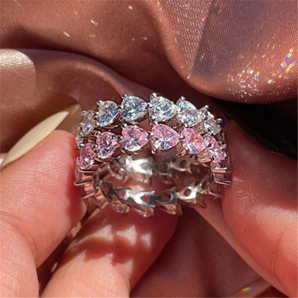 Romântico amor anel anéis de casamento 925 esterlina prata coração rosa branco 5a cúbico zirconia noivado propõe diamante eterno designer anel jóias para mulher com caixa