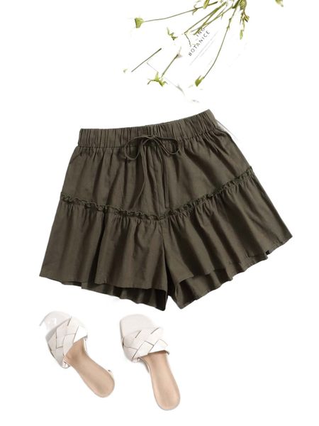 

drawstring waist frill trim shorts h1ft#, White;black
