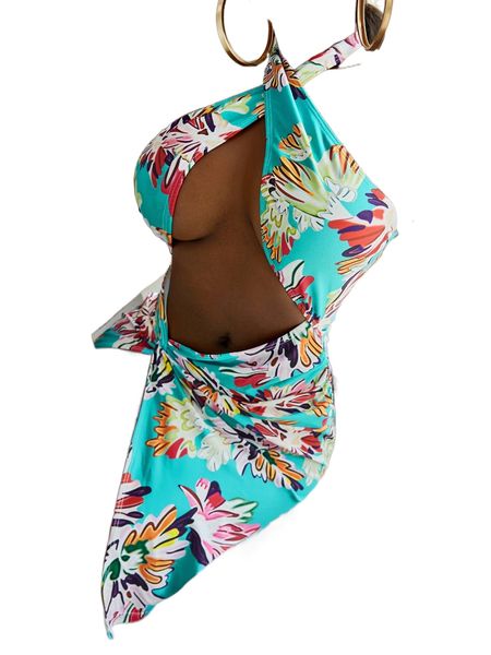 

floral print cut out cross halter one piece swimsuit x46d#, White;black