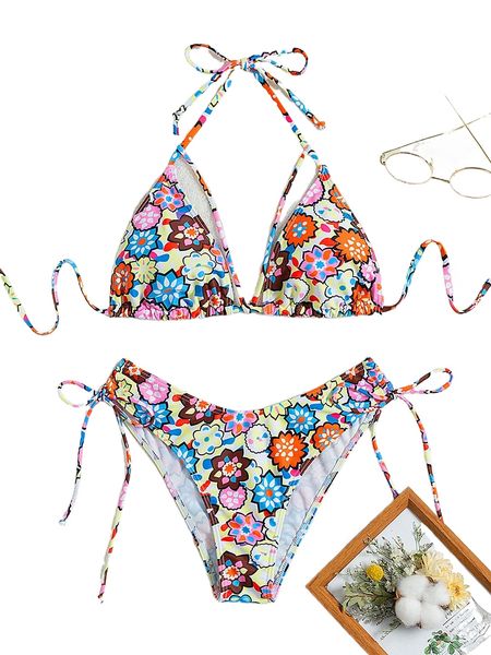 

floral halter triangle bikini swimsuit d0eu#, White;black