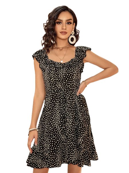

allover p.rint r.uffle trim b.elted d.ress t9zc#, Black;gray