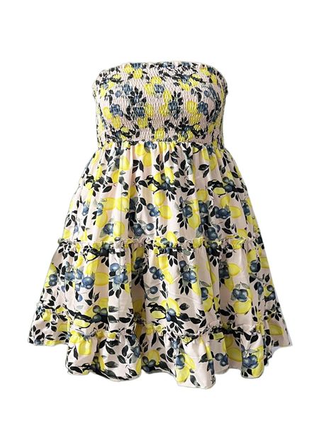 

plus lemon print shirred tube dress a3vd#, Black