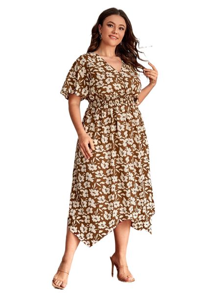 

plus allover floral print shirred waist dress d5zn#, Black