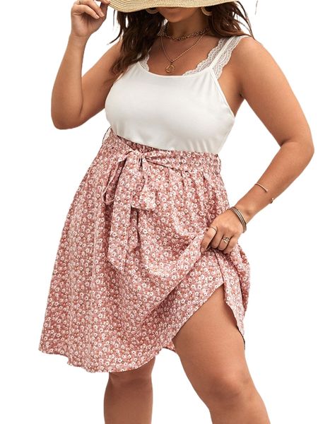 

plus ditsy floral print belted dress l7g5#, Black