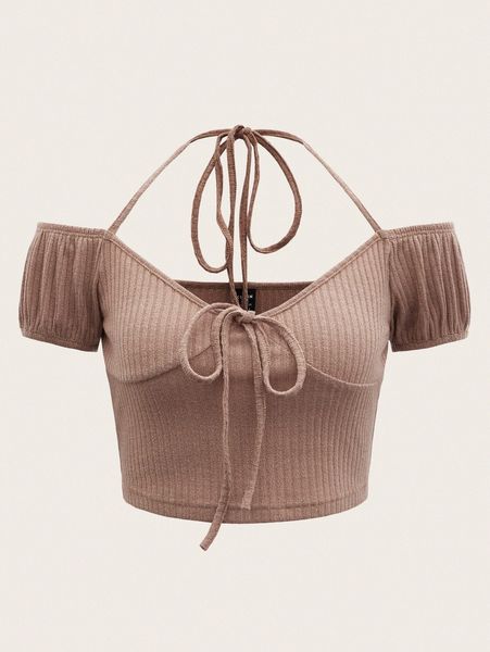 

tie front halter rib-knit tee i9u0#, White