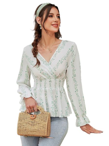 

plants print surplice neck shirred waist flounce sleeve blouse 67zt#, White