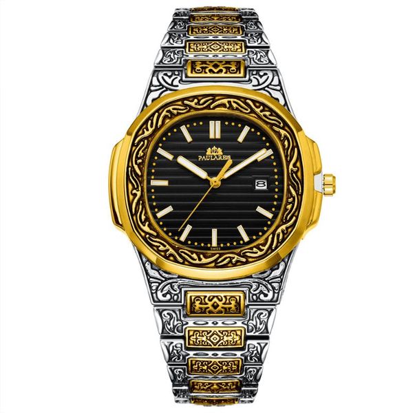 Avanadores de pulso luxuosos esculpidos antigos vintage luminous rosa de ouro amarelo 2 tons de moda moda azul cinza quartzo masculino watchwatches watchwatches
