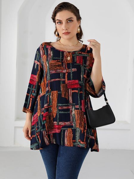 

women's plus size t-shirt 4xl 5xl blouse women 2022 autumn three quarter sleeve colorful print casual long loose oversized ladies, Black
