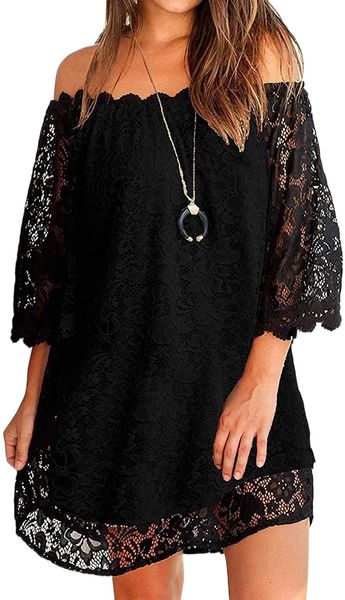 

women's casual off shoulder lace shift loose mini dress with 3/4 sleeve 73gr#, White;black
