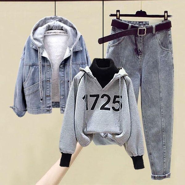 Frauen Zweiteilige Hosen Herbst Winter 3 stücke Set Frauen Mode Denim Jacke Gedruckt Tops Anzug Casual Drei Sets frauen Outfits X540Women's