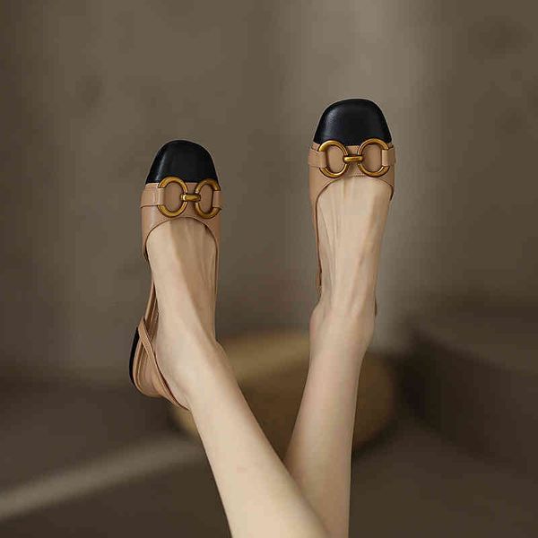 

sandals baotou sandals women's genuine leather summer style horse rank buckle shallow mouth color matching small fragrance flat back em, Black