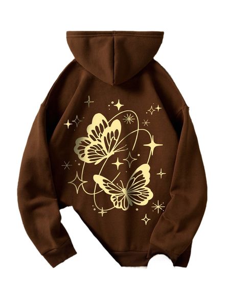 

butterfly and star print kangaroo pocket drawstring thermal hoodie c7iw#, Black