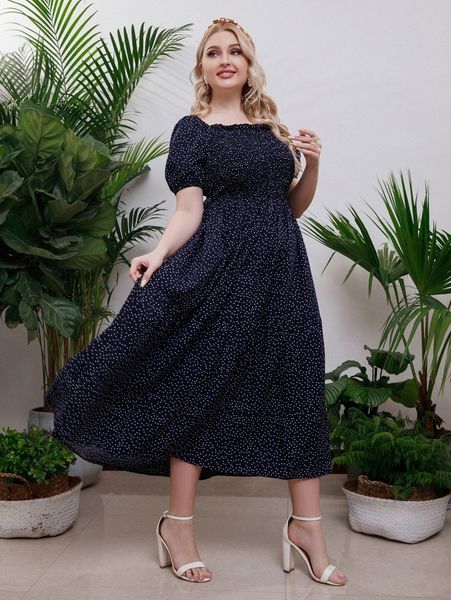 

plus polka dot puff sleeve shirred frilled ruffle hem dress y90x#, Black