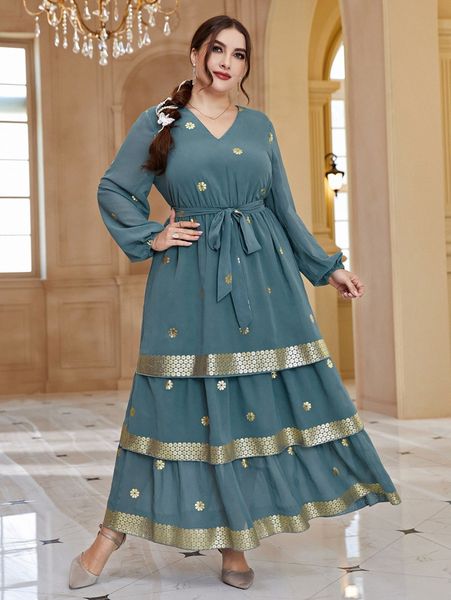 

plus gold floral print lantern sleeve layered hem belted maxi dress l3qq#, Black