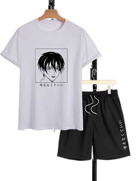 

men japanese letter & figure graphic tee & drawstring waist shorts t23t#, Gray