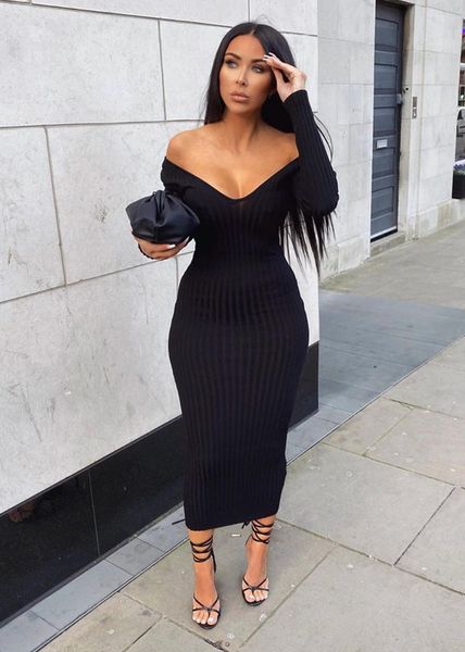 

women autumn solid ribbed maxi knitted dress v neck slim elastic basic long bodycon winter off shoulder white es 220521, Black;gray