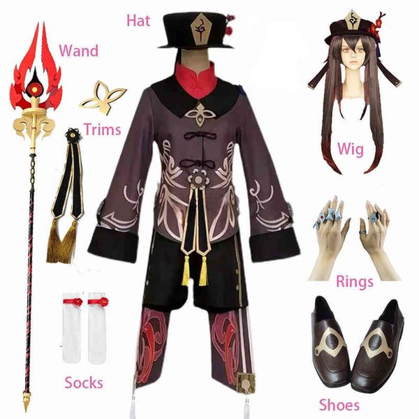 Game Genshin Impact Hu Tao Cosplay Come Wig Shoes Rings Hat Wand Anime Hutao Força Plus Size Halloween Venha para Mulheres Men Y2205516