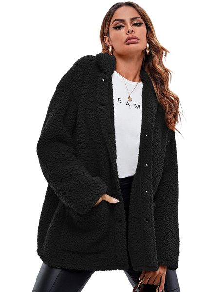 

collared single breasted pocket front teddy coat b7ep#, Black