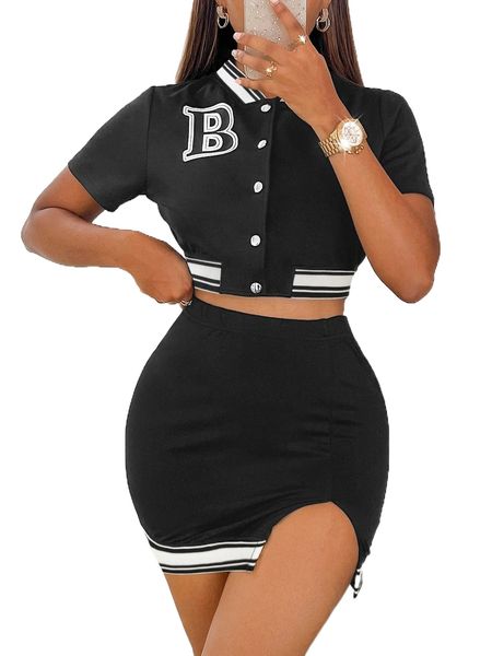 

letter pattern stripe trim crop jacket & split hem skirt f8gb#, White