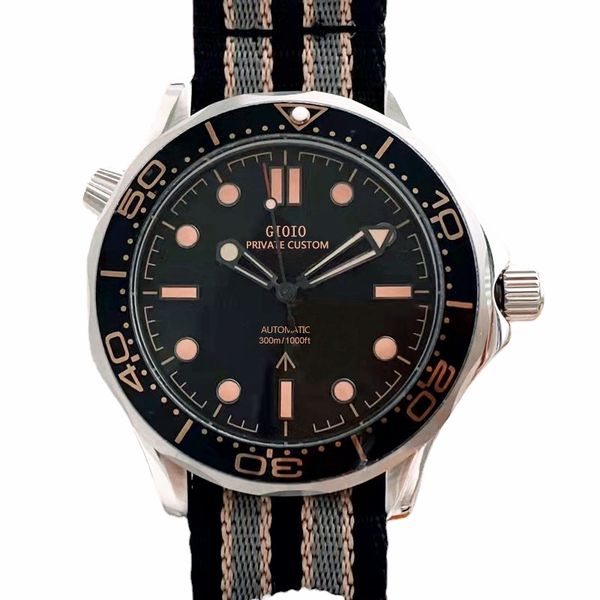 

42mm automatic mechanical mens watch luxury black canvas ceramic bezel stainless steel luminous, Slivery;brown