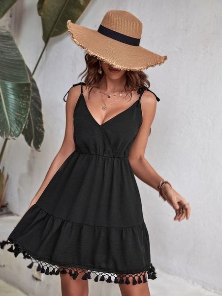 

knot shoulder tassel trim cami dress l9hp#, Black;gray