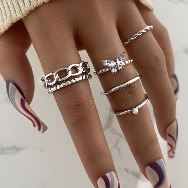 

5pcs/sets luxury clear crystal stone wedding ring for women butterfly geoemtric jewelry, Silver