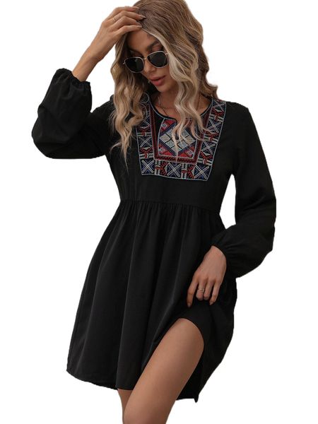 

notch neck embroidery detail dress d3zn#, Black;gray