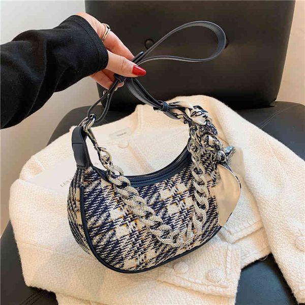 

plaid canvas summer new chain silk handbag embroidery thread women's fashion temperament messenger leather shoulder bag