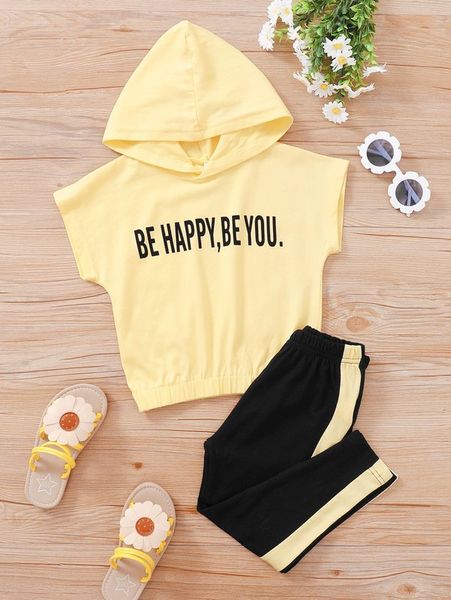 

toddler girls slogan graphic batwing sleeve hooded tee & pants she, White
