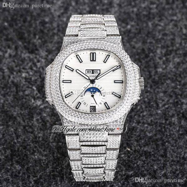 R8F 5726 CAL A324 MOON PHAPE AUTOMATIC MENS WATCE WATE PAVED DIAMNDS CASE White Stick Dial Iceed с Bling Diamond Bracelet Super Edition Jewelry Watches Puretime A1